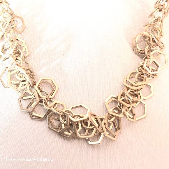 MW Opera Necklace Gold Tone Open Hexagon Clusters Extension Chain - Picture 2 of 9